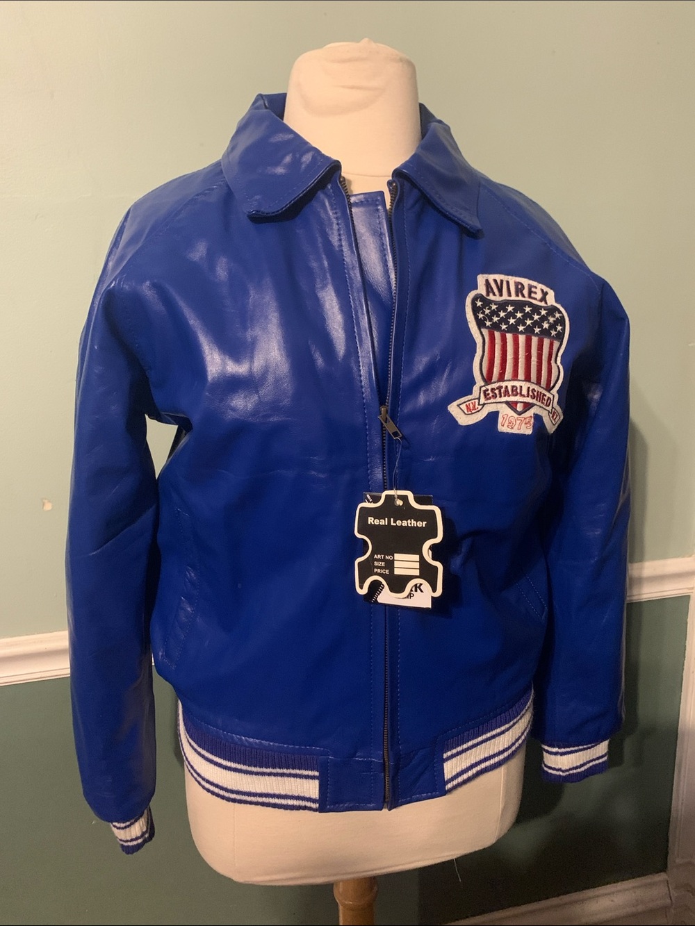 Avirex Blue Leather Bomber Jacket with Shield Patch